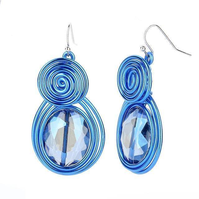 earrings blue Handmade Big Metal Wire Dangle Hanging Hook Crystal Drop Earrings