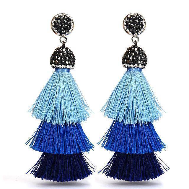 earrings blue New Bohemia Three Layers Crystal Silk CottonTassel Earrings Long Pink Black Drop Earrings For Women Trendy Jewelry