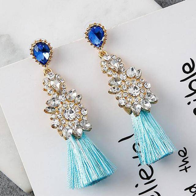 earrings blue Rhinestone Long Thread Tassel Earrings