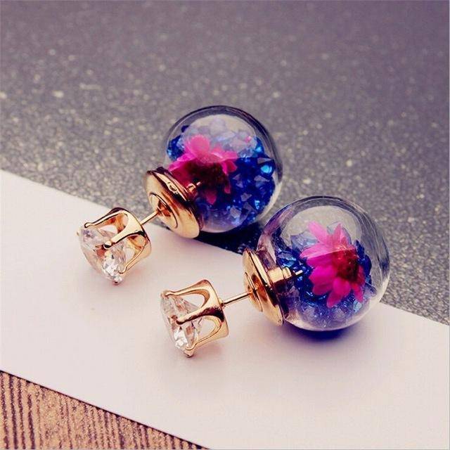 earrings Blue Rose Glass Ball Flower Rhinestone Stud Earrings