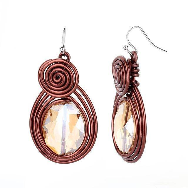 earrings brown Handmade Big Metal Wire Dangle Hanging Hook Crystal Drop Earrings