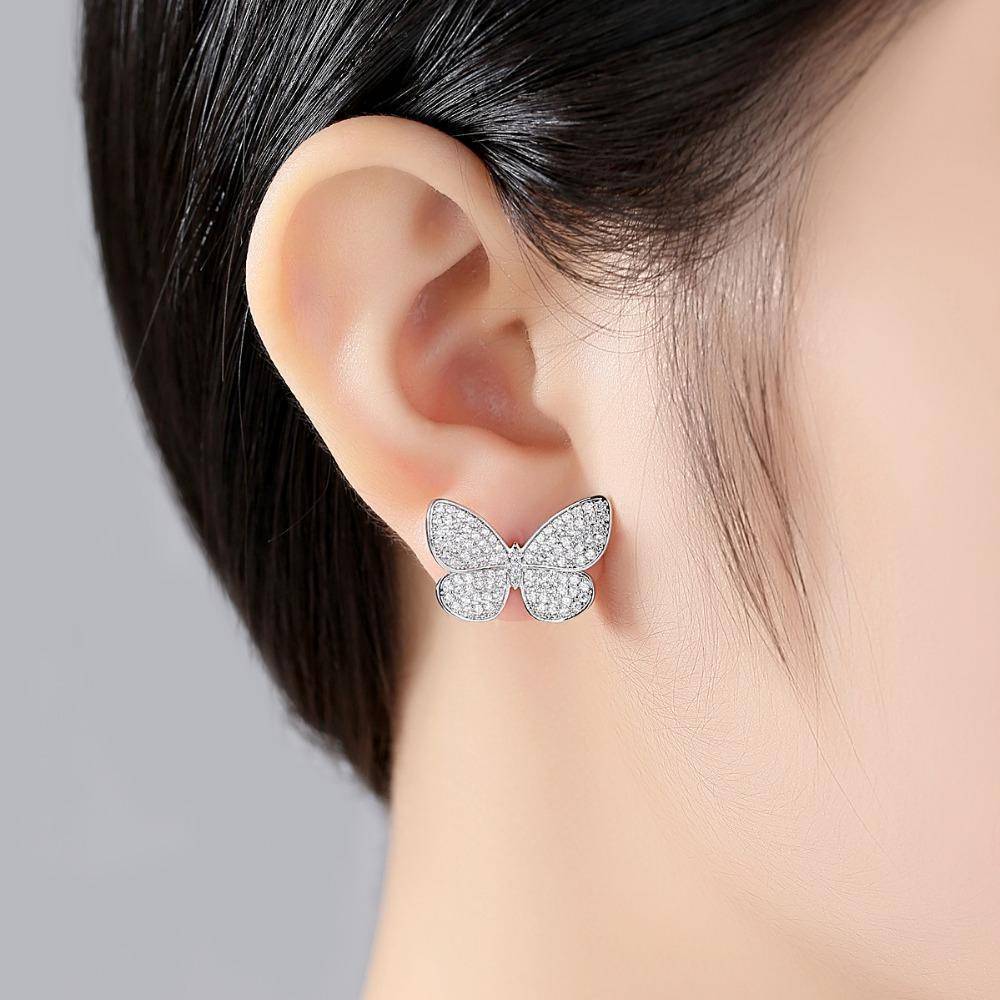 earrings Delicate Stud Earrings Micro Paved Shining Cubic Zirconia Butterfly Silver