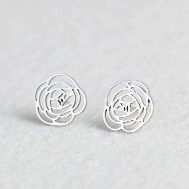 earrings Flower 15 Styles, Minimalist Shiny Silver Cute Stud Earrings Stainless Steel