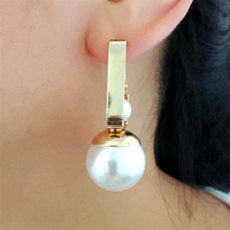 www.Nuroco.com - Gold Geometric Double Pearls Dangle Earrings