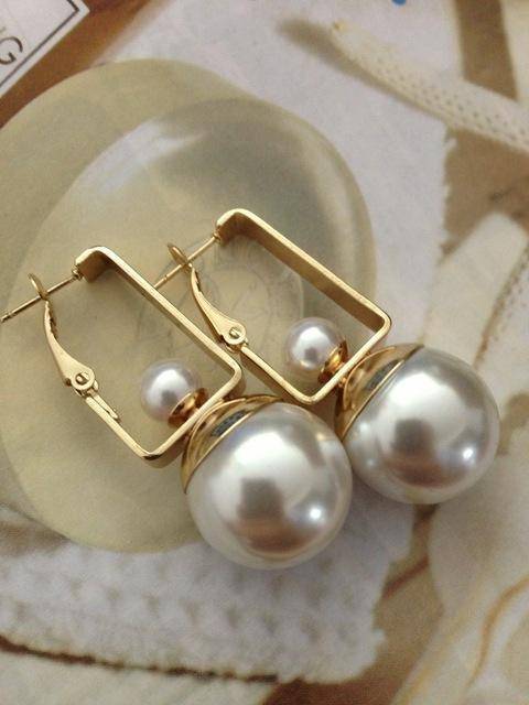 earrings gold Gold Geometric Double Pearls Dangle Earrings