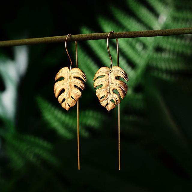 Earrings Gold Handmade Palm Leaf Drop, Dangle Earrings, 925 Sterling Silver Fine Jewelry,  Monstera Leaves Design
