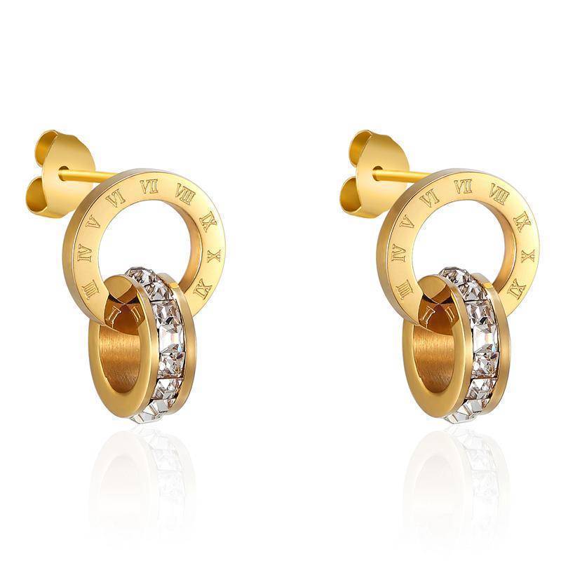 earrings Gold Roman Numerals Crystal Stud Earrings Titanium Steel