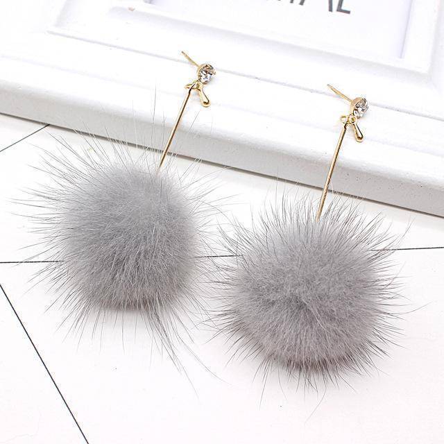 earrings gray Rabbit Fur Ball PomPom Long Drop Earrings