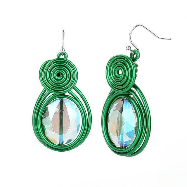 earrings green Handmade Big Metal Wire Dangle Hanging Hook Crystal Drop Earrings