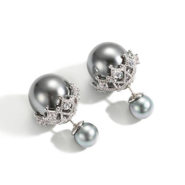 Earrings Grey Double Sided Cubic Zirconia  Pearl Earrings Studs