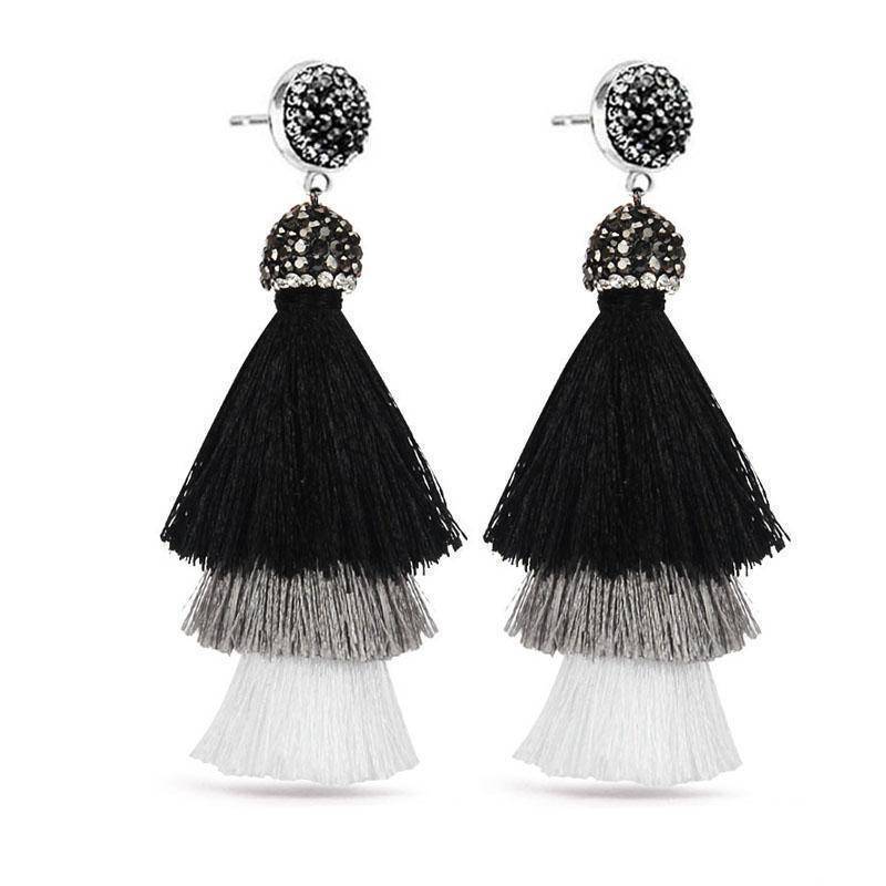 earrings New Bohemia Three Layers Crystal Silk CottonTassel Earrings Long Pink Black Drop Earrings For Women Trendy Jewelry
