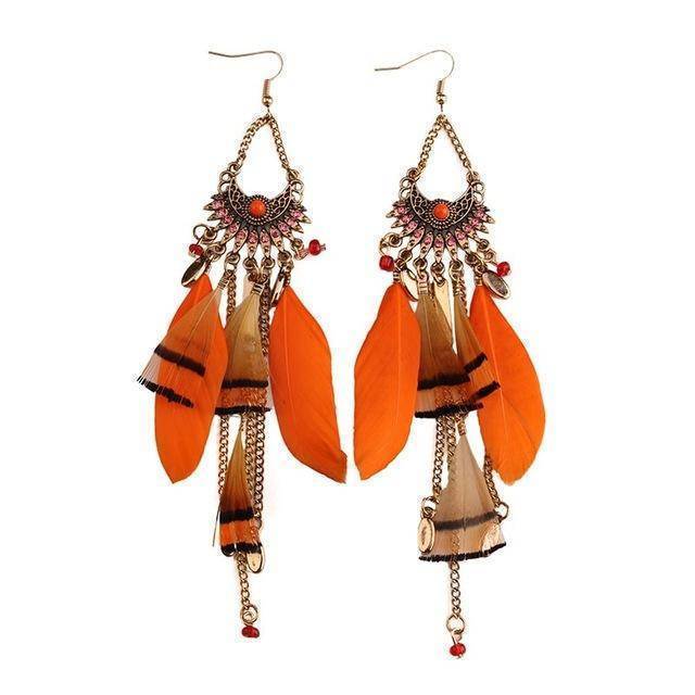 Earrings orange Long Tassel  Feather Ethnic Boho Earring Wedding Earrings