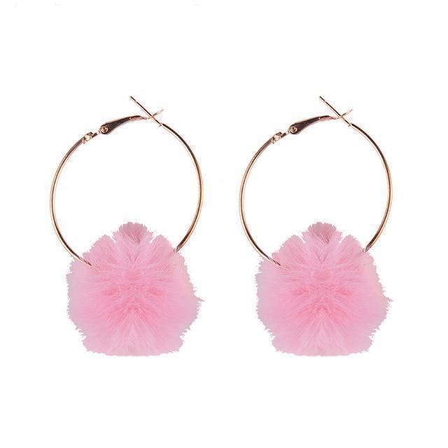 Earrings Pink Cotton Ball Drop Hoop Earrings