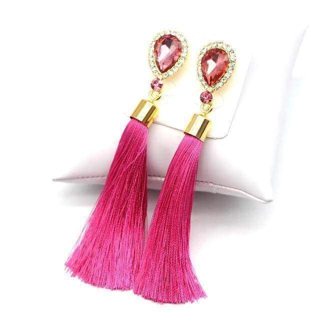 Earrings pink Crystal Water Drop Tassel Long Earrings