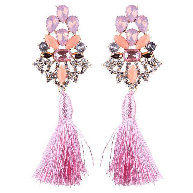 earrings Pink Fringed Statement Drop Tassel Earrings