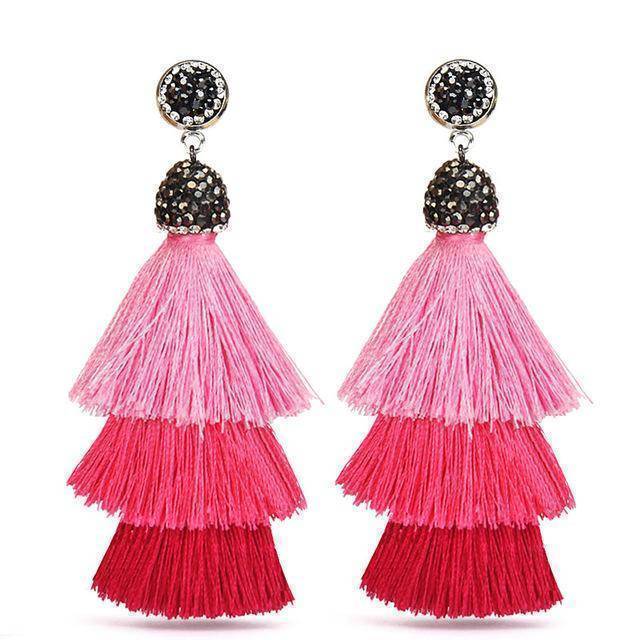 earrings Pink New Bohemia Three Layers Crystal Silk CottonTassel Earrings Long Pink Black Drop Earrings For Women Trendy Jewelry
