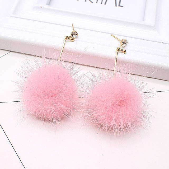 earrings pink Rabbit Fur Ball PomPom Long Drop Earrings