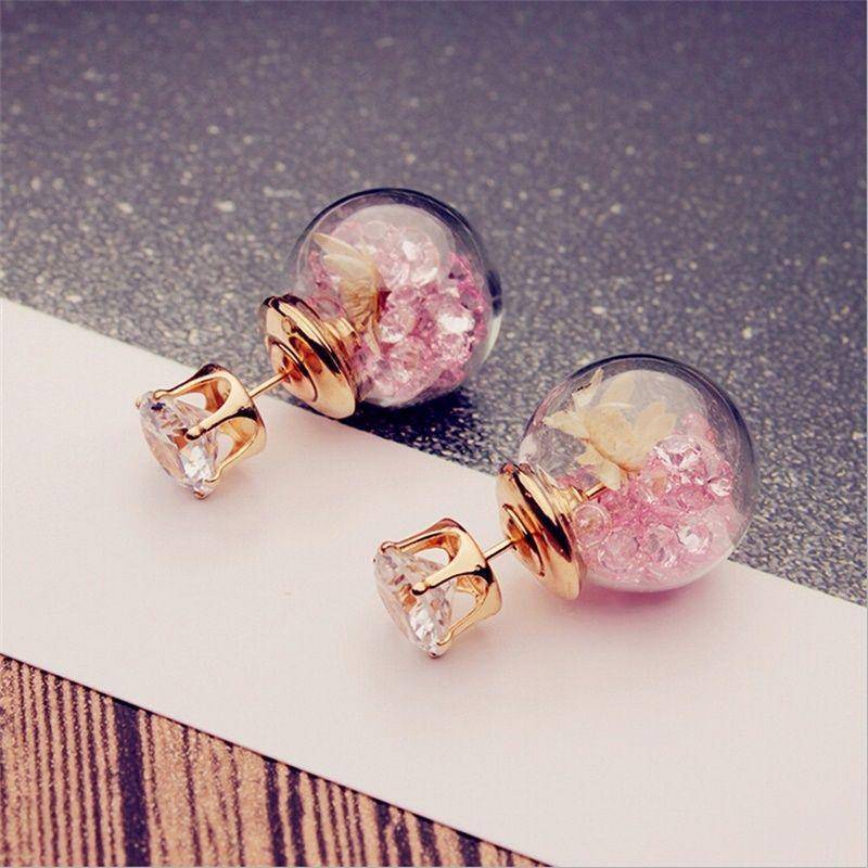 earrings pink Rose Glass Ball Flower Rhinestone Stud Earrings