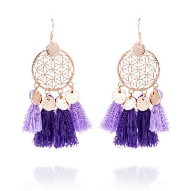 Earrings Purple Gold color round sequins boho ethnic tassel drop earrings