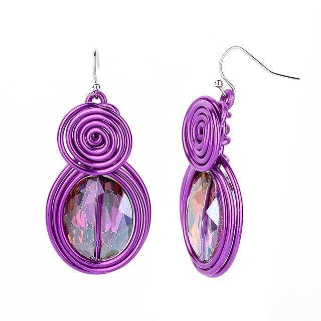 earrings purple Handmade Big Metal Wire Dangle Hanging Hook Crystal Drop Earrings
