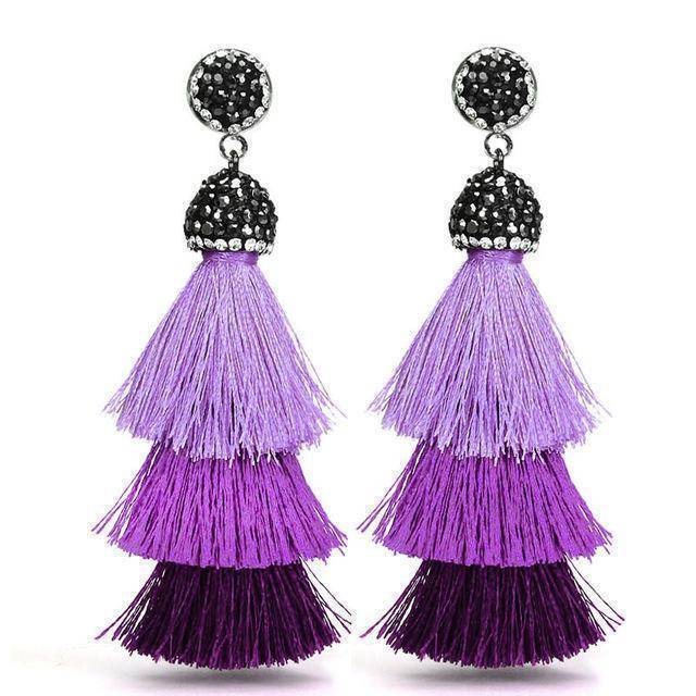 earrings purple New Bohemia Three Layers Crystal Silk CottonTassel Earrings Long Pink Black Drop Earrings For Women Trendy Jewelry