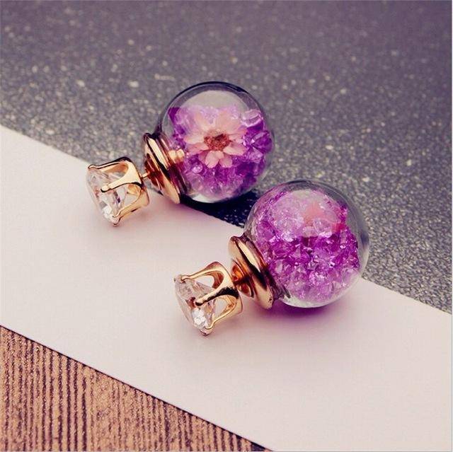 earrings Purple Rose Glass Ball Flower Rhinestone Stud Earrings