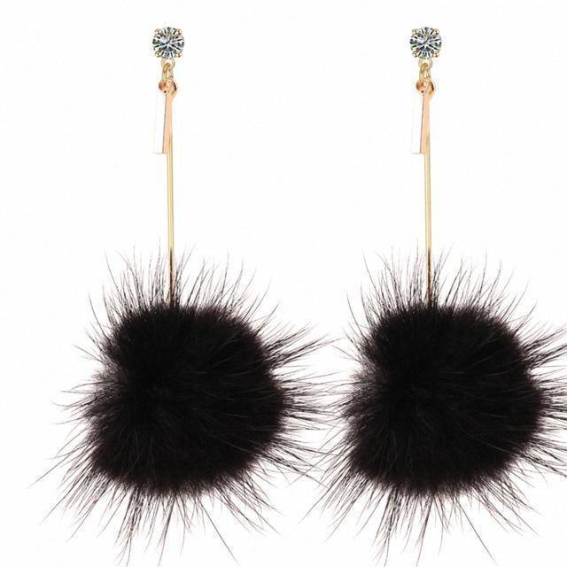 earrings Rabbit Fur Ball PomPom Long Drop Earrings