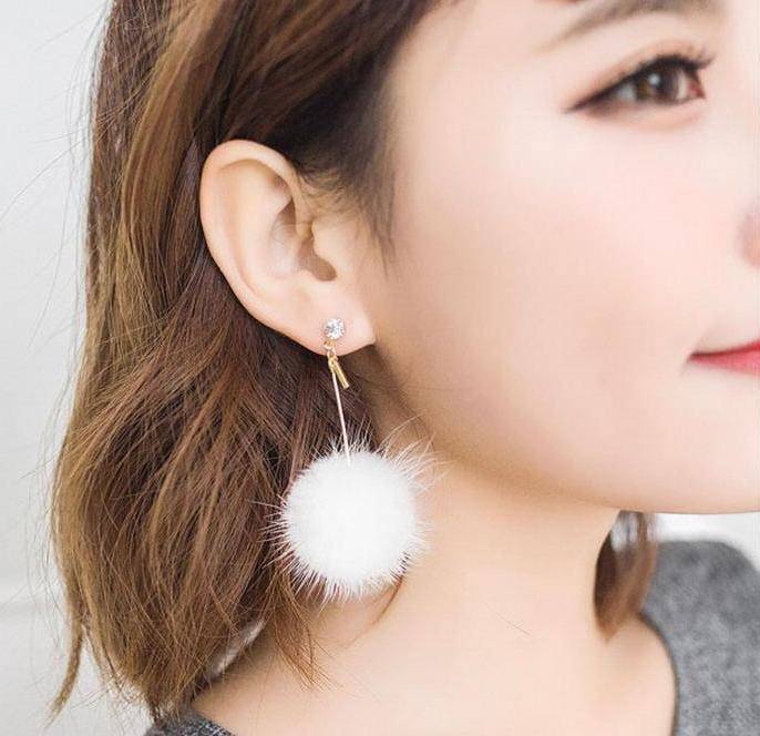 earrings Rabbit Fur Ball PomPom Long Drop Earrings