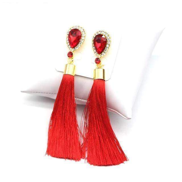 Earrings Red Crystal Water Drop Tassel Long Earrings