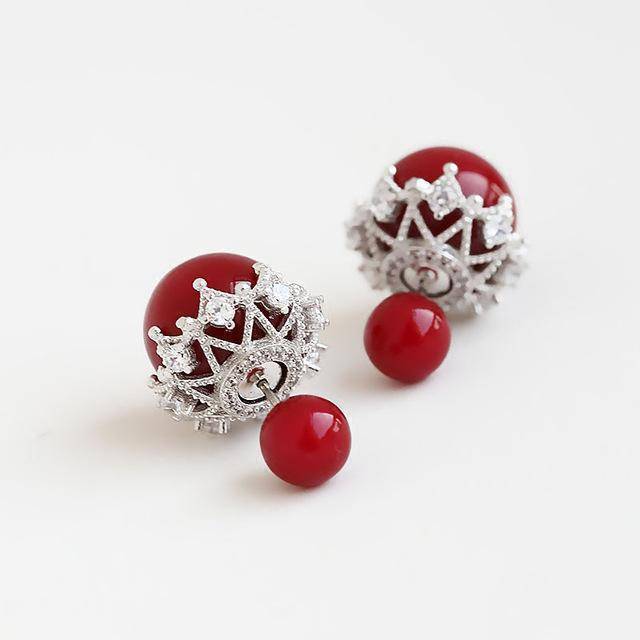 Earrings Red Double Sided Cubic Zirconia  Pearl Earrings Studs
