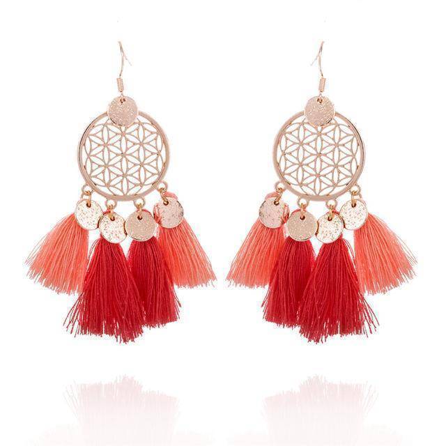 Earrings Red Gold color round sequins boho ethnic tassel drop earrings