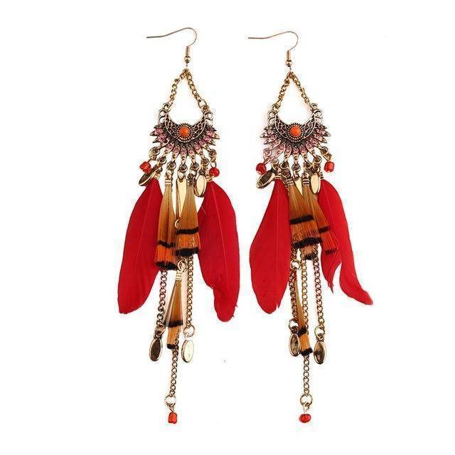 Earrings red Long Tassel  Feather Ethnic Boho Earring Wedding Earrings