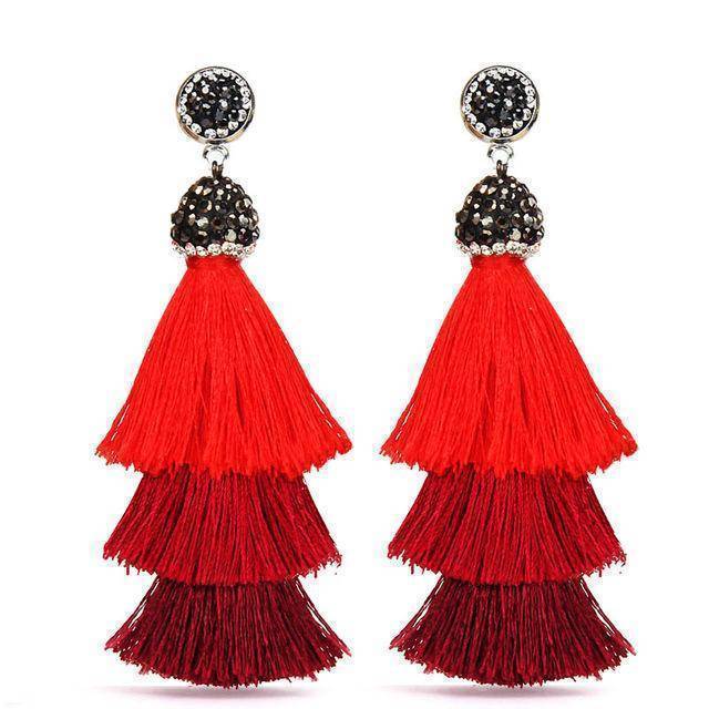 earrings red New Bohemia Three Layers Crystal Silk CottonTassel Earrings Long Pink Black Drop Earrings For Women Trendy Jewelry