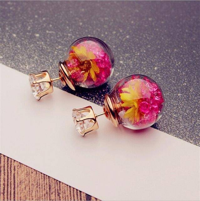 earrings Red Rose Glass Ball Flower Rhinestone Stud Earrings