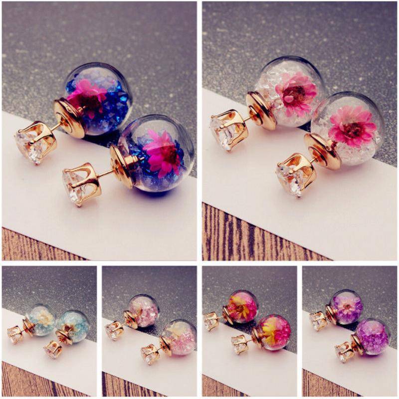 earrings Rose Glass Ball Flower Rhinestone Stud Earrings