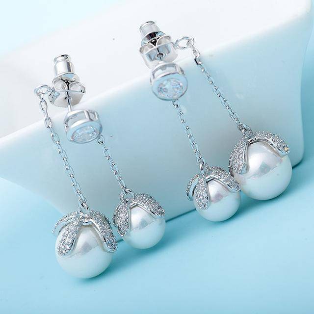 Earrings Silver Double Pearls Crystal Drop jacket Earrings