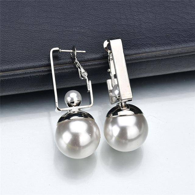 earrings silver Gold Geometric Double Pearls Dangle Earrings