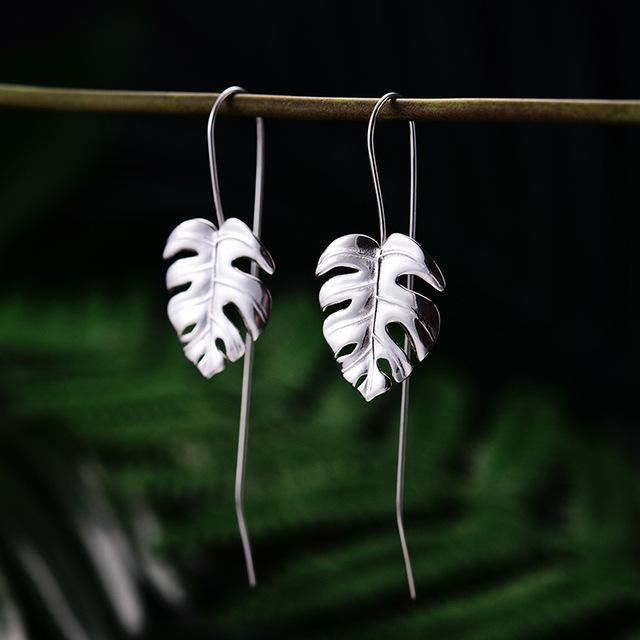 Earrings Silver Handmade Palm Leaf Drop, Dangle Earrings, 925 Sterling Silver Fine Jewelry,  Monstera Leaves Design