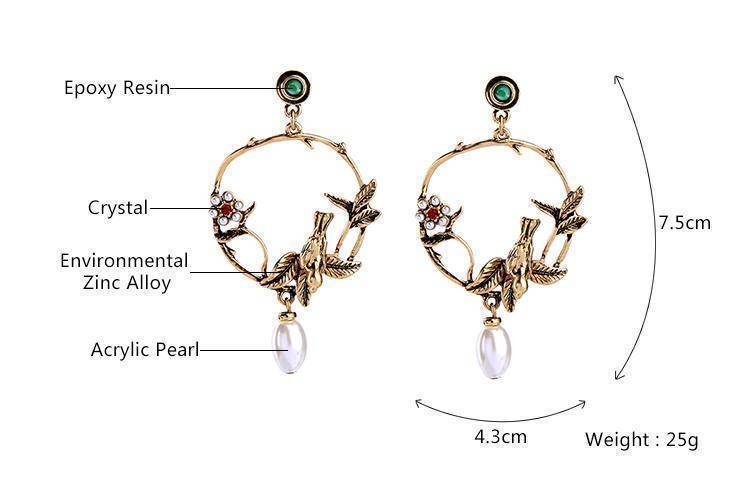Earrings Vintage 3D bird pearl drop earring