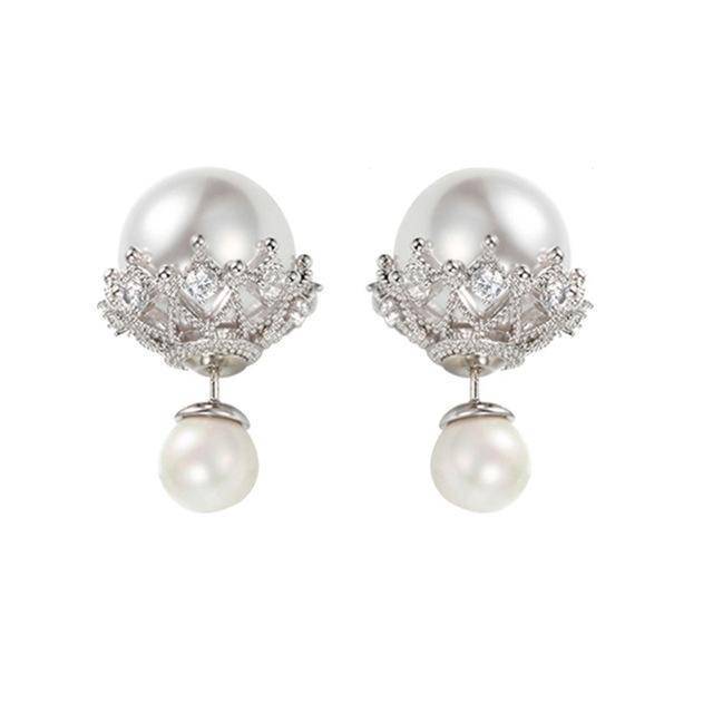 Earrings White Double Sided Cubic Zirconia  Pearl Earrings Studs