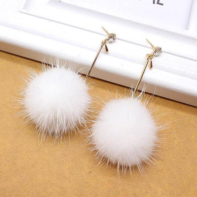 earrings white Rabbit Fur Ball PomPom Long Drop Earrings