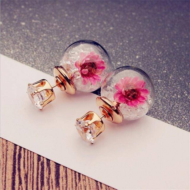 earrings White Rose Glass Ball Flower Rhinestone Stud Earrings
