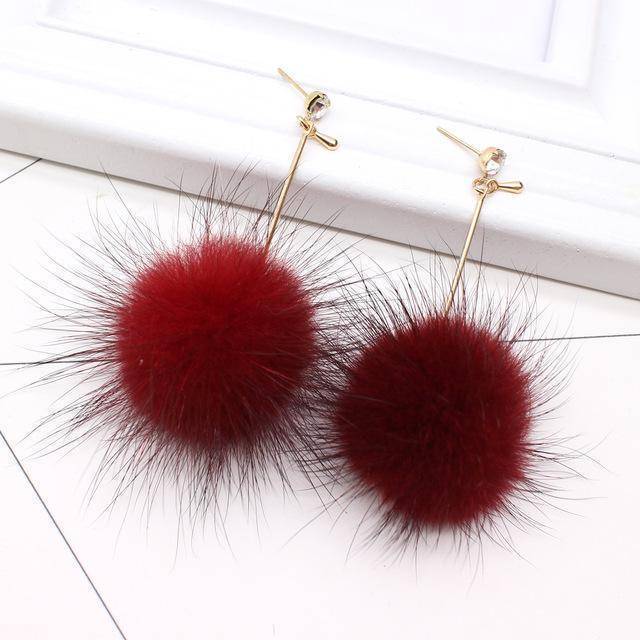 earrings wine red Rabbit Fur Ball PomPom Long Drop Earrings