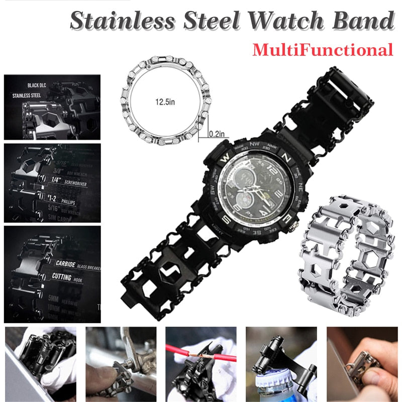 High Premium Steel Multifunction 20mm 22mm Watch Band For Samsung Watch Strap 29 in 1 Travel Wearable Multitool Tread Bracelet|Watchbands|
