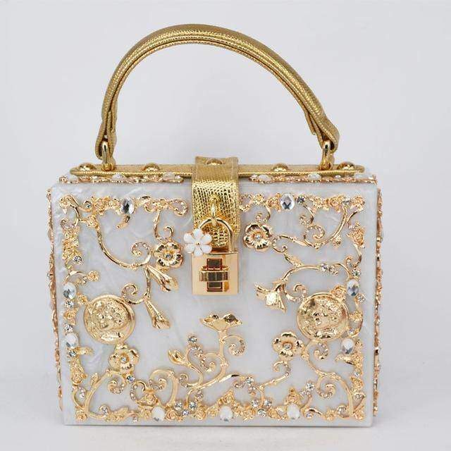 Designer Clutch Bag Gold Silver PVC Box Design Party Evening Chain