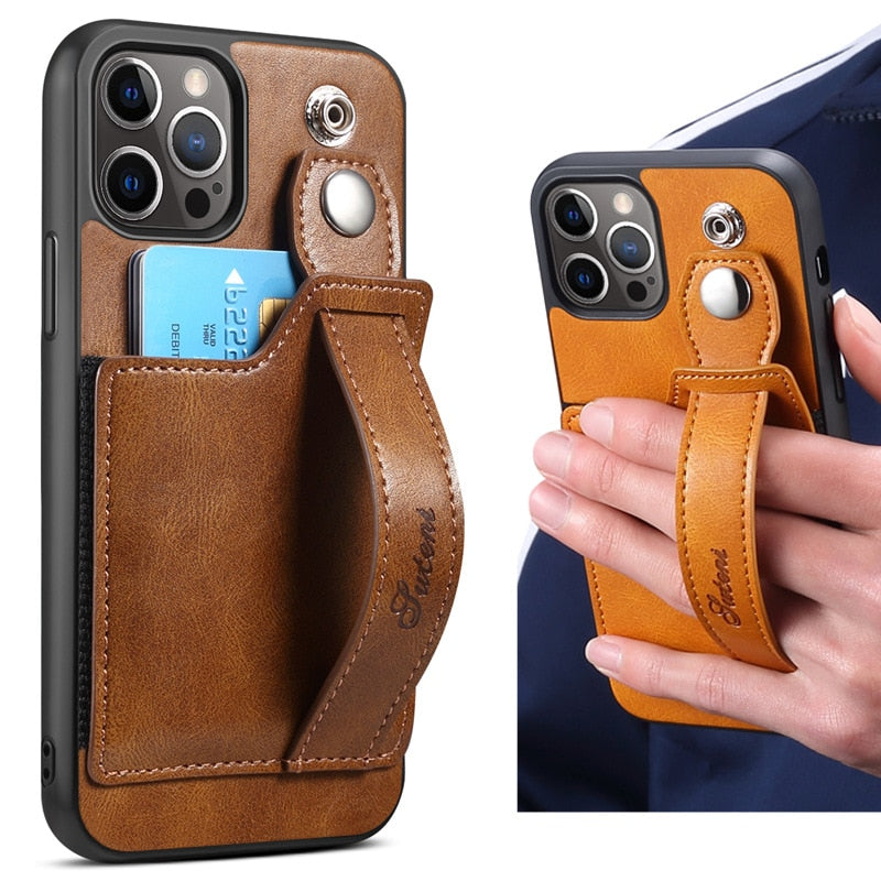 for iPhone 13 12 Pro Max Case PU Leather Wallet flip Cover Stand Feature with Wrist Strap and Credit Cards Pocket for 12 Pro|Wallet Cases|