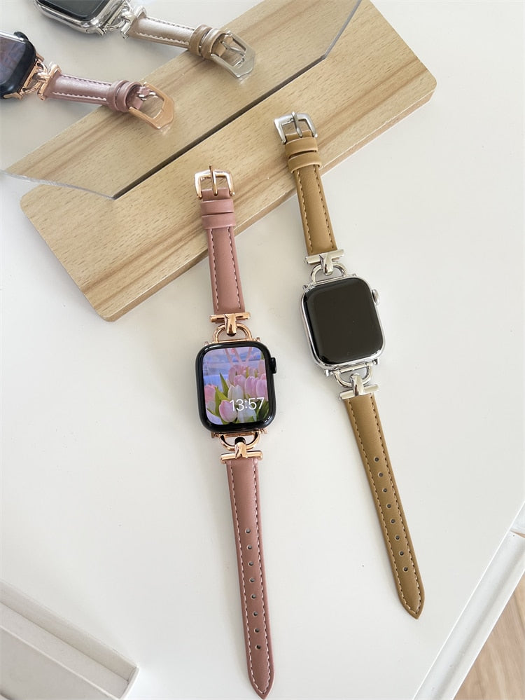 Leather Slim Watchband For Apple Watch Band 41MM 45MM 40mm 44mm 38mm 42mm Series 7 SE 6 5 4 3 2 1