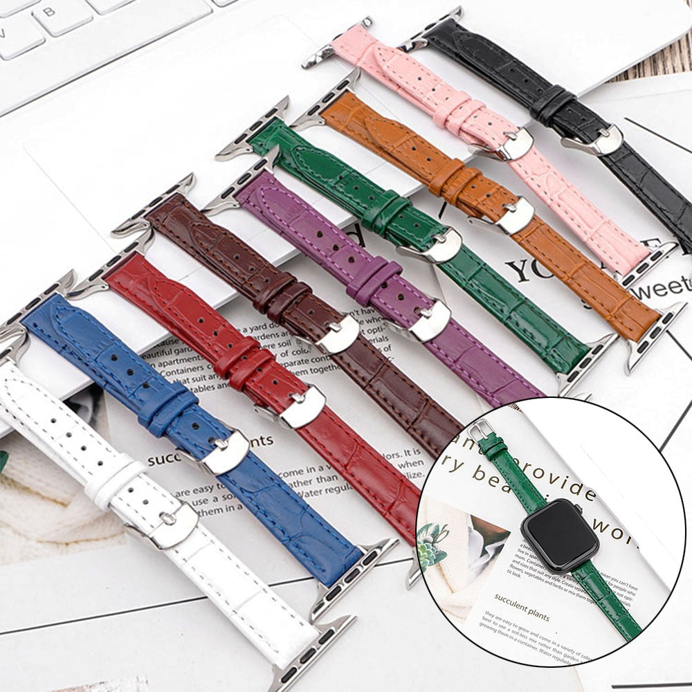 Slim Thin Leather Strap for Apple Watch Band Series Bracelet Strap Texture iWatch 38mm 40mm 41mm 42mm 44mm 45mm Lady Wristband |Watchbands|