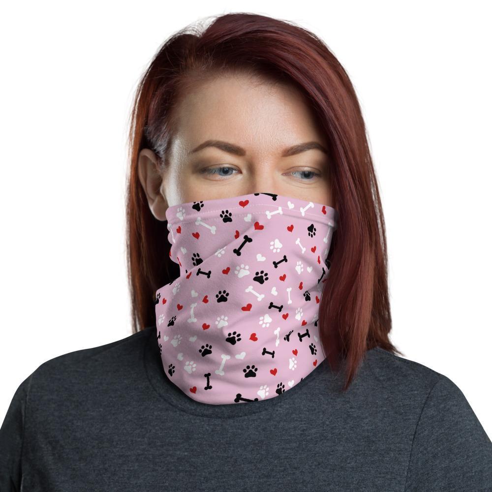 Cute Fashion Neck Gaiter mask, Pink Love paw Dog heart Print, Reusable Face cover Washable Breathable beanie wristband hood shield covering - US Fast Shipping