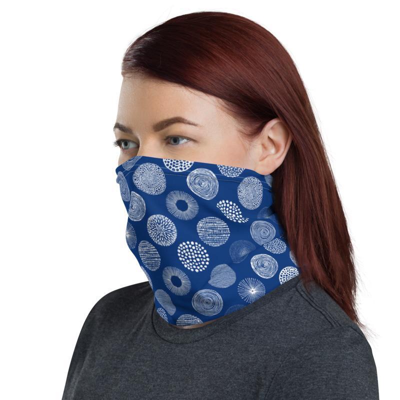 Fireworks design, white blue abstract circles, Neck gaiter face cover head wear headband wrist band wrap balaclava mask bandanna beanie hood